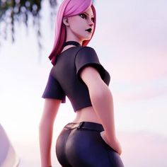 a woman with pink hair and black pants