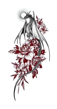 a drawing of a dragon with flowers on it's back and its wings extended