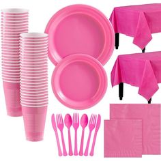 pink party supplies including plates, napkins and forks