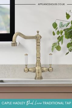 a gold faucet sitting on top of a kitchen sink