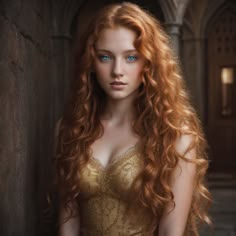 a woman with long red hair and blue eyes is standing in an old castle like setting