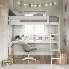 a white bunk bed sitting under a window next to a desk