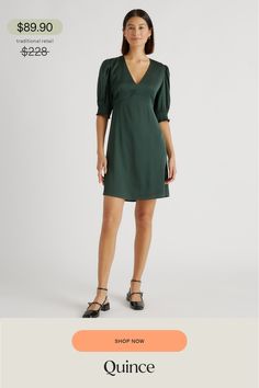 Embrace your playful charm with our Washable Stretch Silk Puff Sleeve Mini Dress. Perfect for both daytime adventures and evening events, this mini dress effortlessly exudes a youthful and flirtatious look. Whether paired with heels for a glamorous ensemble or sandals for a chic daytime outfit, it promises to make you feel confident and radiant.  | Quince | Women's Washable Stretch Silk Puff Sleeve Mini Dress in Forest Green, Size XS, Mulberry Silk Feminine Puff Sleeve Mini Dress For Date Night, Date Night Puff Sleeve Mini Dress, Chic Puff Sleeve Mini Dress, Chic Mini-length Puff Sleeve Dress, Flirty Puff Sleeve Mini Dress, Flirty Mini Length Puff Sleeve Dress For Night Out, Elegant Green Mini Puff Sleeve Dress, Summer Puff Sleeve Mini Dress For Night Out, Flirty Formal Mini Dress With Puff Sleeves