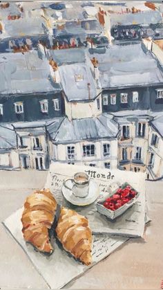 a painting of croissants and berries on top of a newspaper with buildings in the background