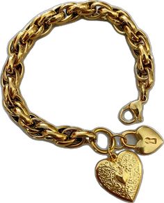 Vintage Metal Heart Bracelet, Trendy Gold Heart Bracelet With Chain, Vintage Gold Charm Bracelet With Heart Charm, Gold Chunky Chain Bracelet As Gift, Gold Chunky Chain Bracelet For Gift, Vintage Gold Bracelet As A Gift, Vintage Gold Chain Metal Bracelet, Vintage Gold Bracelets For Valentine's Day, Vintage Metal Bracelets With Gold Chain