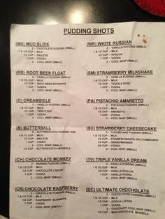 a menu for pudding shots on a table