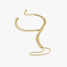 18K gold herringbone hand chain bracelet laid flat on a white background. Gold Plated Elegant Snake Chain Bracelet, Elegant Gold Plated Snake Chain Bracelet, Elegant Gold-plated Snake Chain Bracelet, Elegant Adjustable Snake Chain Bracelets, Elegant Gold Bracelet With Snake Chain, Elegant Gold Snake Chain Bracelets, Elegant Metal Snake Chain Bracelet, Elegant 14k Gold Snake Chain Bracelet, Gold Plated Snake Chain Bracelet