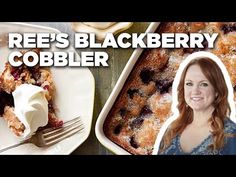 a woman is smiling next to a plate with food on it and the words reese's blackberry cobbler