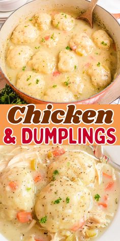 chicken and dumplings in a pot with the title above it