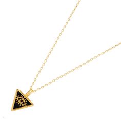 Embrace spiritual protection with the Minimalist Black Onyx & Gold Triangle Pendant Evil Eye Talisman Necklace, crafted to shield you from negative energies.  This elegant pendant features a black onyx triangle, beautifully adorned with a gold evil eye talisman, and is set in 18k gold-plated sterling silver.  The luxurious gold vermeil chain perfectly complements the pendant, making this minimalist yet meaningful necklace a stylish addition to your everyday wear. Details 18K gold plated on sterling silver Black Onyx Necklace length 18" and 2'' extender Pendant height 0. 7'' Pendant width 0. 5'' Avoid contact with chemicals, makeup, parfume. Do not use dips or abrasive cleaners on necklace. To clean and brighten it up your necklace, wipe them gently with jewelry polishing cloth. Black Symbolic Jewelry With Adjustable Chain, Symbolic Black Jewelry With Adjustable Chain, Adjustable Black Medallion Necklace, Symbolic Black Necklace With Adjustable Chain, Adjustable Black Medallion Jewelry, Symbolic Black Jewelry For Gifts, Symbolic Black Jewelry For Gift, Black Pendant Charm Necklace With Adjustable Chain, Black Symbolic Medallion Jewelry