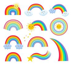 a set of rainbows and clouds with sun, stars and clouds in the sky