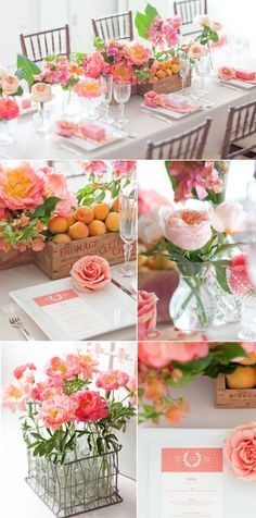 an iphone photo collage with pink flowers and oranges in vases on the table