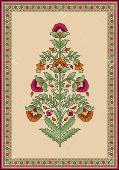 a cross stitch pattern with flowers and leaves in the center, on a beige background