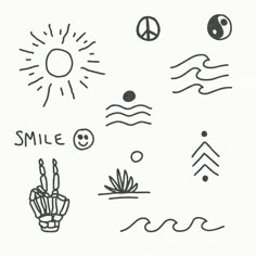 some doodles that are on the side of a white paper with words and symbols