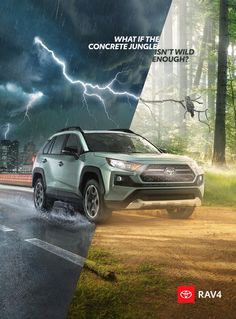 an advertisement for the new rav4 suv is shown with lightning in the background