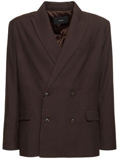 Peaked lapels. Front button closure. Button cuffs. Two front pockets. Lined. Model is wearing a sizeM Double-breasted Blazer With Welt Pockets For Fall, Fall Business Suits With Button Cuffs, Fall Double-breasted Blazer With Welt Pockets, Brown Notch Lapel Blazer With Double-breasted Button, Brown Double-breasted Blazer With Notch Lapel, Brown Double-breasted Blazer With Lapel Collar, Brown Double Button Sport Coat For Work, Brown Sport Coat With Double Button, Workwear, Double-breasted Brown Blazer With Welt Pockets