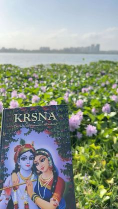 a person holding up a book in front of a field of flowers with the words krsna written on it