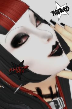 an animated image of a woman with red hair and black makeup, holding her hand to her face