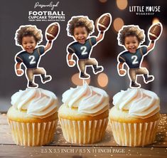 three cupcakes with photos of football players on them