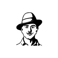 a black and white drawing of a man wearing a hat