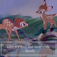 two little deers standing next to each other in front of a sign that says, love is a song that never ends