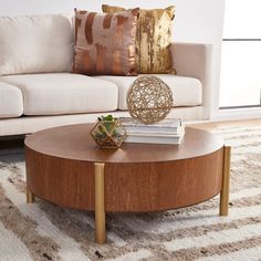 a living room with a couch, coffee table and pillows on top of the rug