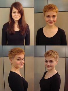 Long Hair To Pixie, Haircuts For Growing Out Buzzcut, Buzz Dyed Hair, Grown Out Buzzcut Styling, How To Grow Out A Buzzcut Women, Grow Out Buzz Cut Women, Buzzcut Women Grow Out, Very Short Pixie Haircut, Before And After Buzzcut Women