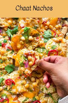 a close up of food on a plate with the words chaat nachos