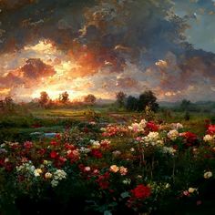 a painting of flowers in a field with clouds and sun shining through the clouds above