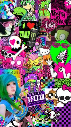 a girl with green hair is surrounded by colorful stickers and wallpapers that are all over her body