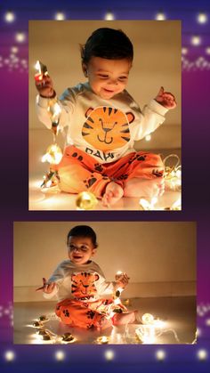 two pictures of a baby sitting on the floor with lights in front of them and smiling at the camera