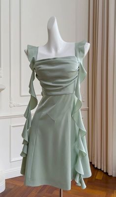 Pre-draped Green Evening Dress, Green Mini Dress For Summer Banquet, Green Summer Mini Dress For Banquet, Pre-draped Satin Mini Dress For Cocktail, Elegant Green Mini Dress With Ruched Bodice, Elegant Green A-line Satin Dress, Elegant Green Ruched Mini Dress, Green Ruched Mini Dress For Cocktail, Green Ruched Mini Cocktail Dress