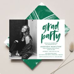 a green and white graduation party card with the word grad party printed on it