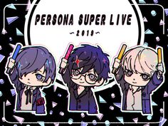 three stickers with the words personaa super live on them and two anime characters