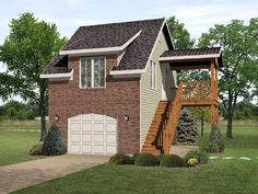 this is an artist's rendering of a two - story garage with attached porch