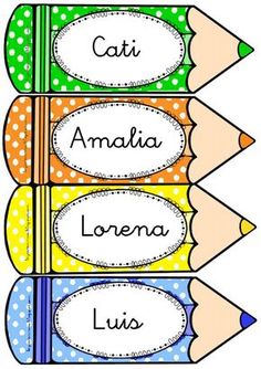 four different colored pencils with the words cati, amalia, lorena and lu