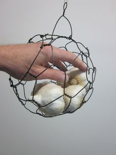 a hand holding a wire basket filled with garlic