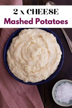 mashed potatoes in a blue bowl with text overlay