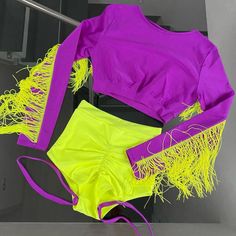 two pieces of neon yellow and purple clothing