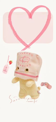 a small teddy bear wearing a pink hat and holding a straw in front of a heart