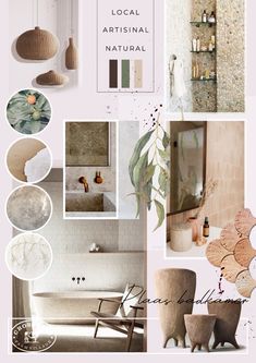 a collage of photos with various items and colors in the background, including bathtub, toilet, sink, shower head, plant