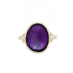 One of the most vibrant Amethysts we have come across, this rosecut gem is set in 14k yellow gold with gold accent beads, petite diamonds, and a sterling silver freeform band. Approx stone size: 15mm x 12mm Approx ct weight: 5.25cts Mohs hardness: 8 Each piece is handmade with love in our Hudson Valley studio. This ring is one of a kind and currently in stock at a size 7. We are happy to resize prior to shipping, please indicate the size you need when placing your order. If you have questions ab Purple 14k Gold Ring With Rose Cut Diamonds, Purple 14k Gold Rings With Rose Cut Diamonds, Purple Rose Cut Diamond Rings In 14k Gold, Purple Amethyst Jewelry With Rose Cut Diamonds, Fine Jewelry Purple Amethyst Ring With Rose Cut Diamonds, 14k Gold Amethyst Ring With Rose Cut Diamonds, Heirloom Amethyst Jewelry With Rose Cut Diamonds, Amethyst Ring With Rose Cut Diamonds, Oval Shape, Oval Amethyst Ring With Rose Cut Diamonds