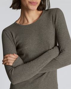 The Pima Micro-Rib Long-Sleeve Crew Washed Heathered Fatigue – Everlane Classic Stretch Tops With Ribbed Cuffs, Fitted Everlane Tops For Everyday, Everlane Stretch Tops, Everyday Fitted Everlane Tops, Everlane Long Sleeve Winter Tops, Everlane Tops For Everyday Fall Wear, Everlane Everyday Tops For Fall, Everlane Crew Neck Top For Spring, Everlane Long Sleeve Cotton Tops