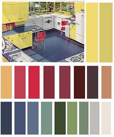 a kitchen with yellow cabinets, red chairs and green walls in the color scheme is shown