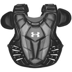 the under armour catchers chest protector is shown in black and grey, with white lettering on