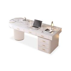 an office desk with marble top and drawers