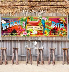 Tropical Tiki Bar Sign with Parrots drinking from straws of a Margarita. Words say Beach Bar - Tiki Bar - Let's Get Freaky at the Tiki. Margarita Sign, Tiki Bars Backyard, Tiki Ideas, Margaritaville Party, Old Wood Signs, Pool And Patio