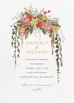 a wedding card with flowers and greenery on the front, in gold foil lettering