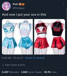 three different cheerleader outfits are shown on the tweetche page in this photo