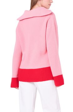 Contrasting trim punctuates this vibrant quarter-zip sweater knit with airy side vents. Quarter-zip closure Stand collar Long sleeves 85% acrylic, 15% wool Hand wash, dry flat Imported Spring Half-zip Sweater With Ribbed Collar, Knit Half-zip Sweater With Ribbed Collar, Knit Sweater With Ribbed Collar And Half-zip, English Factory, Contrasting Trim, Quarter Zip Sweater, Sweater Knit, Zip Sweater, Pink Red